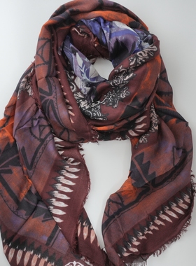ZAR*家棕色系简约文艺柔软百搭复古花纹围巾红棕蓝色双色披肩