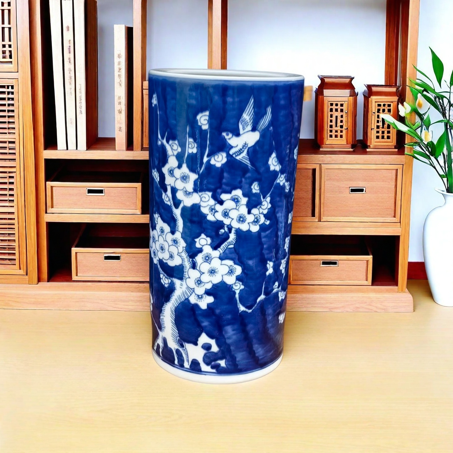 景德镇陶瓷器青花冰梅五福临门高温花瓶花插书房工艺品摆件装饰品