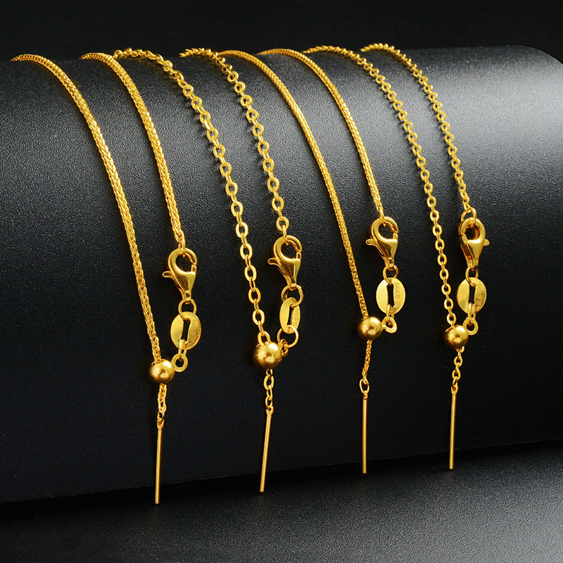999足金针式链项链女5G黄金珍珠天珠平安扣锁骨链肖邦链素链
