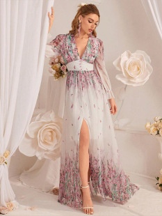 V领印花仙气长款 时尚 气质前开叉sexy小碎花连衣裙潮 欧美女装 长袖