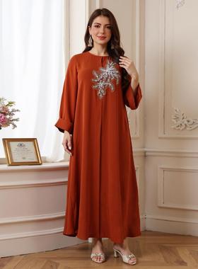 连衣裙长裙钉珠镶钻女装长袍musilin女士大袍