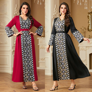 6614中东跨境女装长袍Muslim重工珠片刺绣拼接长裙迪拜长袖连衣裙