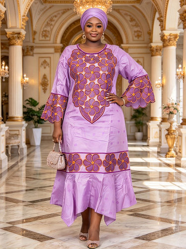 african dress 非洲外贸大码女装提花布连衣裙烫钻绣花women长裙