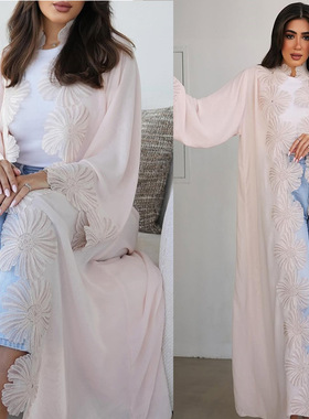 modest中东开衫女装迪拜优雅花朵贴花长袍土耳其淡色长裙长外套