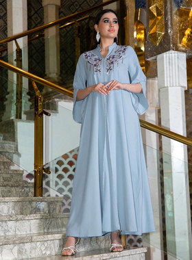天蓝色土耳其长裙中东女士时尚纯色连衣裙旅游robe刺绣长袍长裙
