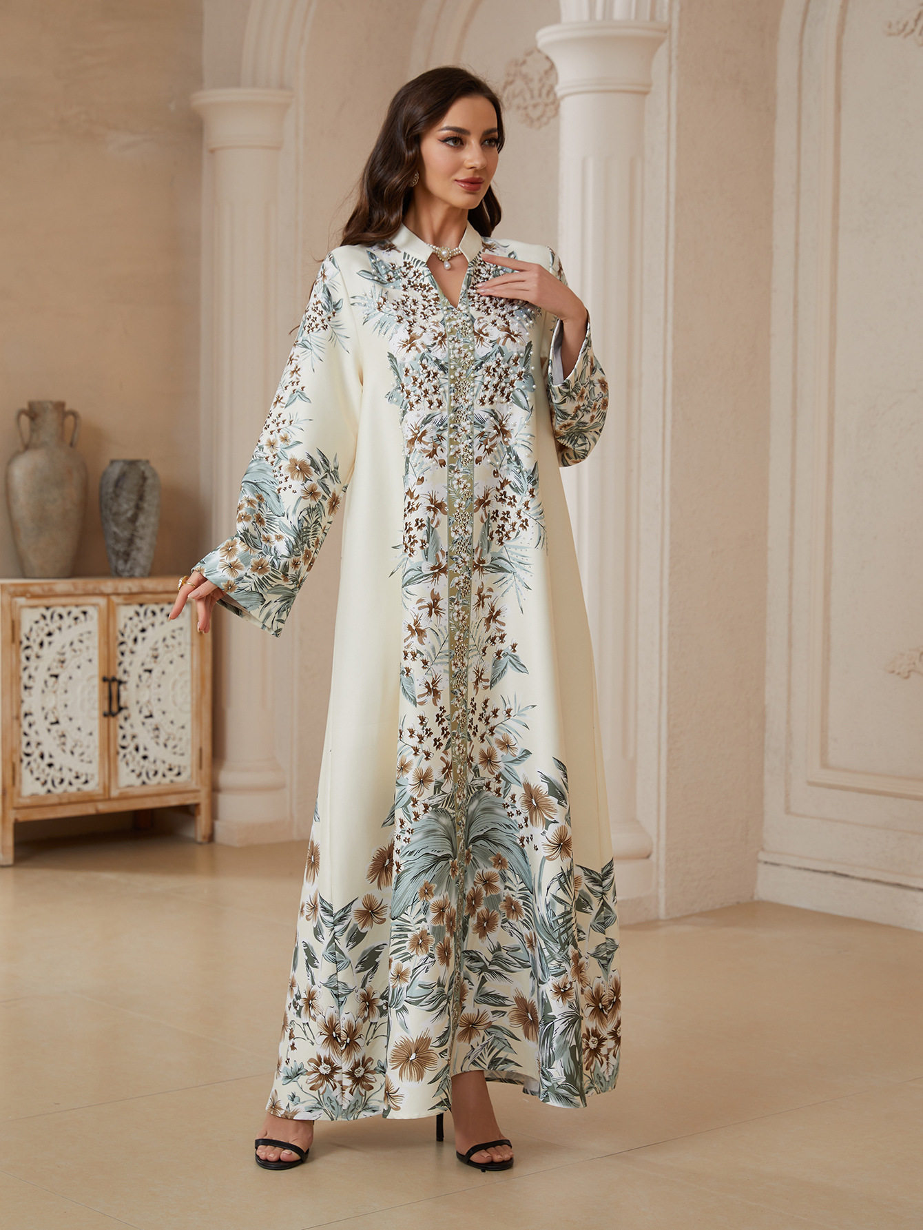 Elegant Kaftan米白花卉印花镶钻长裙高个子立领连衣裙显瘦礼服裙