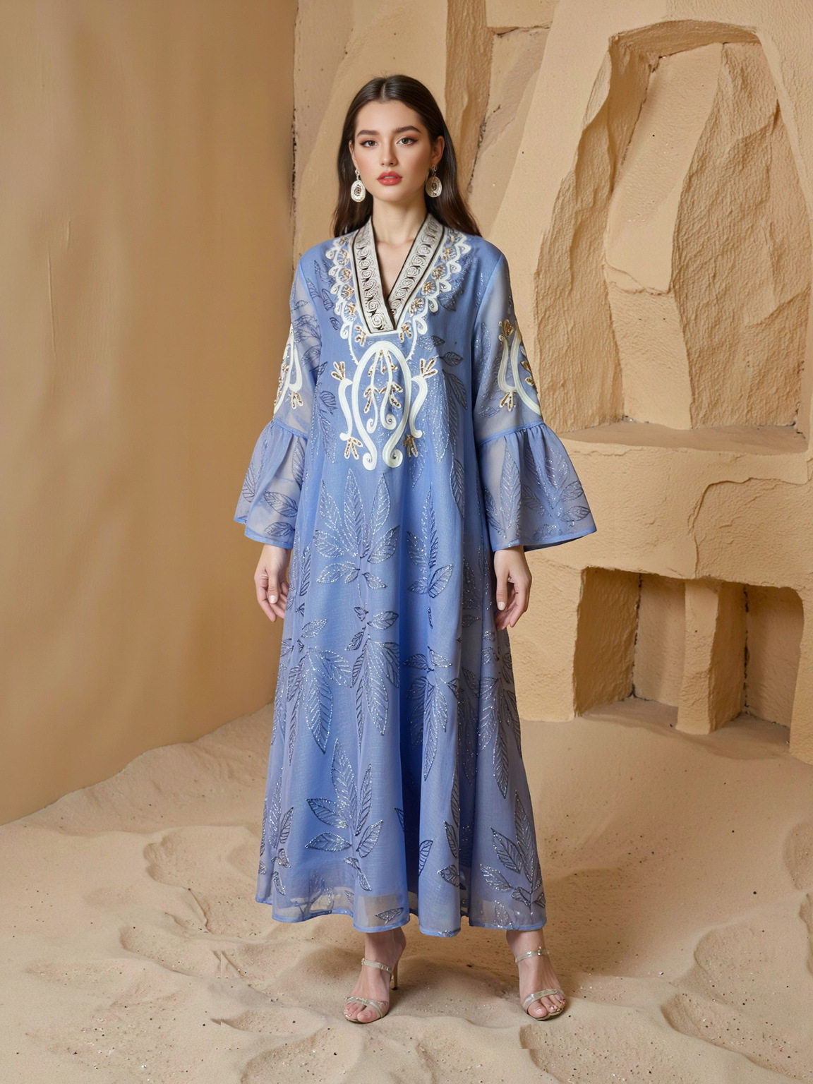 天蓝色喇叭袖长裙及踝big size women clothing skirt v领长袍子,女装/女士精品,连衣裙,淘宝优惠券,粉丝福利购,淘宝优惠卷