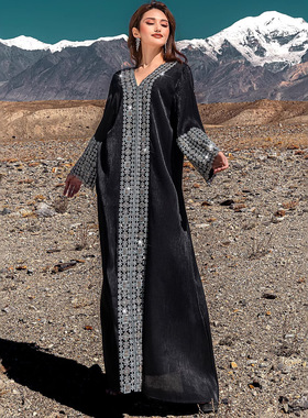 5225奢华重工黑色丝光刺绣V领NIDA CREPE长袍风优雅气质长裙