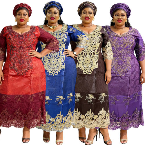 african dress非洲大码女装提花布高腰百搭lace蕾丝拼接连衣裙