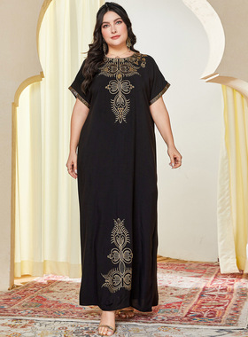 A18261 大码女装 优雅气质绣花钉珠短袖连衣裙 长裙