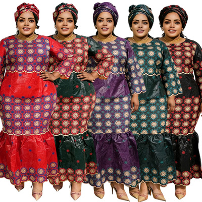 非洲外贸休闲女装提花布大码拼色连衣裙修身显瘦africa clothes