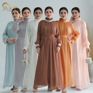 纯色少女girl迪拜中东土耳其迪拜精美纯色系带到脚踝的长款连衣裙