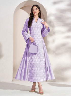 KY1380-4欧美连衣裙时尚优雅紫色萝卜花V领宴会晚礼服