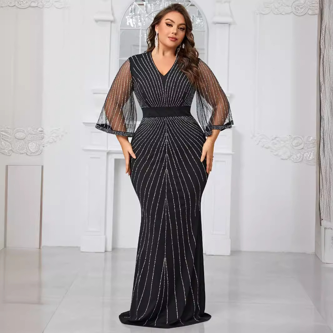 大码舞会晚礼服烫钻V领长袖修身鱼尾长裙派对黑色晚礼服-FSSN1255