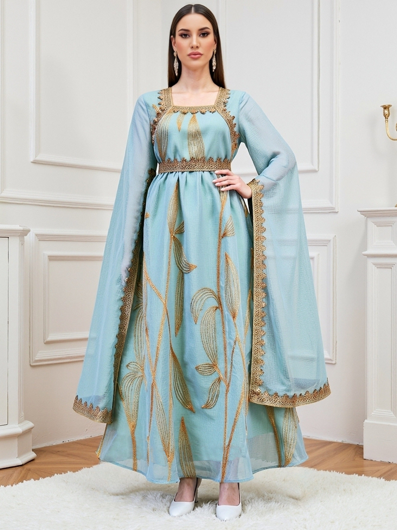 演出服舞台服刺绣方领雪纺长裙Dubai风大码连衣裙轻奢宴会礼服裙图片