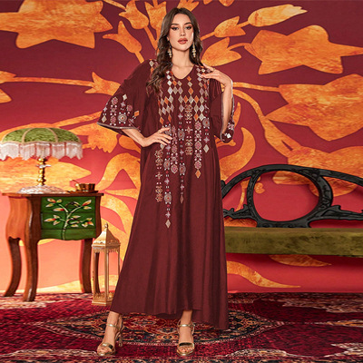 KY1878-1女装长袍迪拜优雅刺绣绣花宽松连衣裙长裙