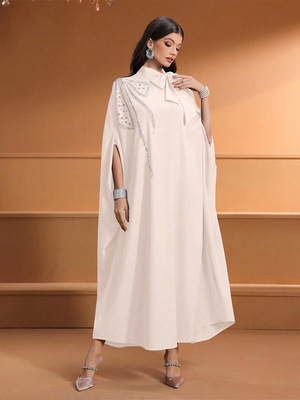 中东女装时尚钉珠连衣裙迪拜纯色蝴蝶结长袍聚会贵妇演出服长裙子