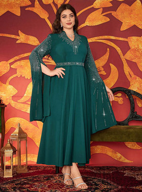 绿色演出服舞台长袖大码高个子长裙气质收腰Malaysian long dress