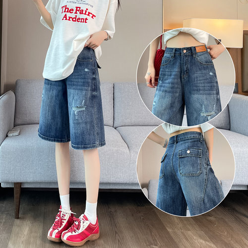夏季复古破洞牛仔五分短裤女显瘦