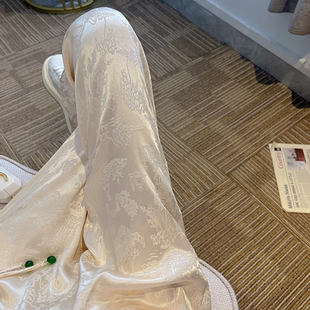醋酸缎面冰丝窄版阔腿裤女春夏季高腰垂感中国风提花宽松直筒裤潮