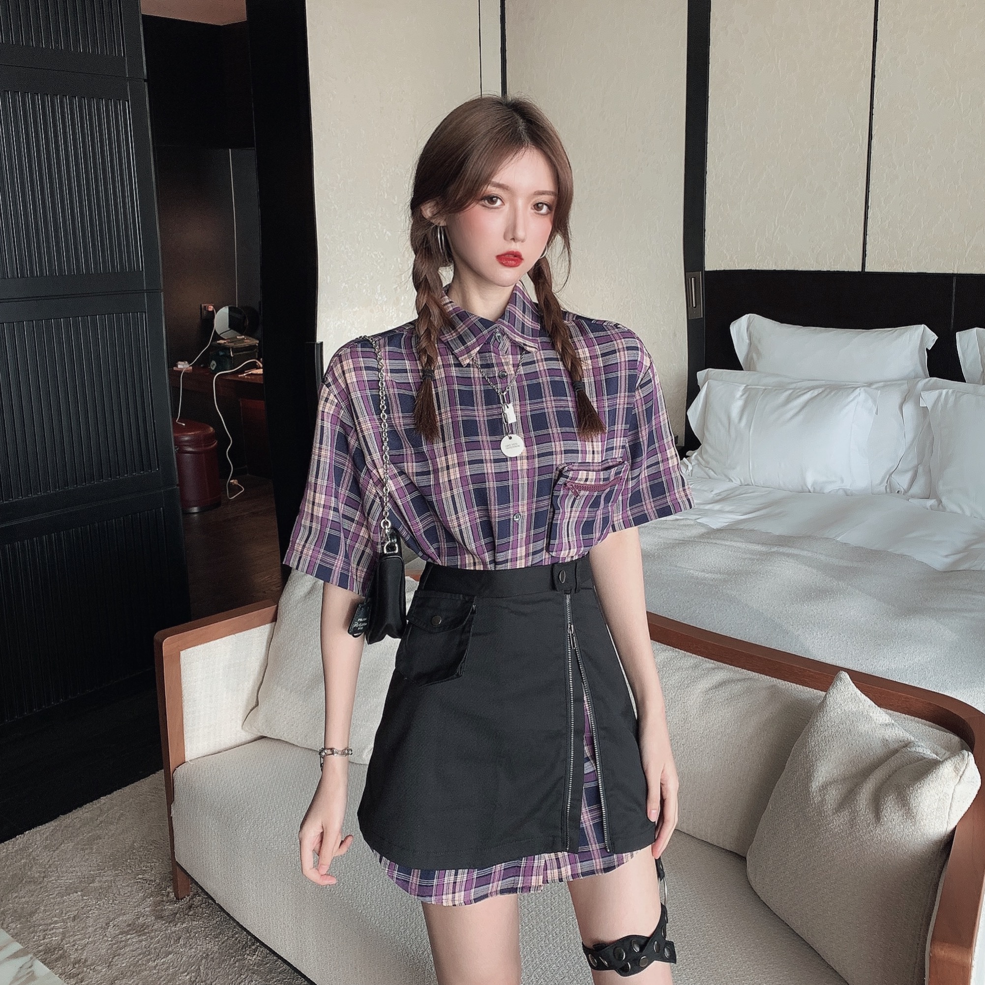 Summer mid length Plaid Shirt high waist A-line skirt one piece split skirt