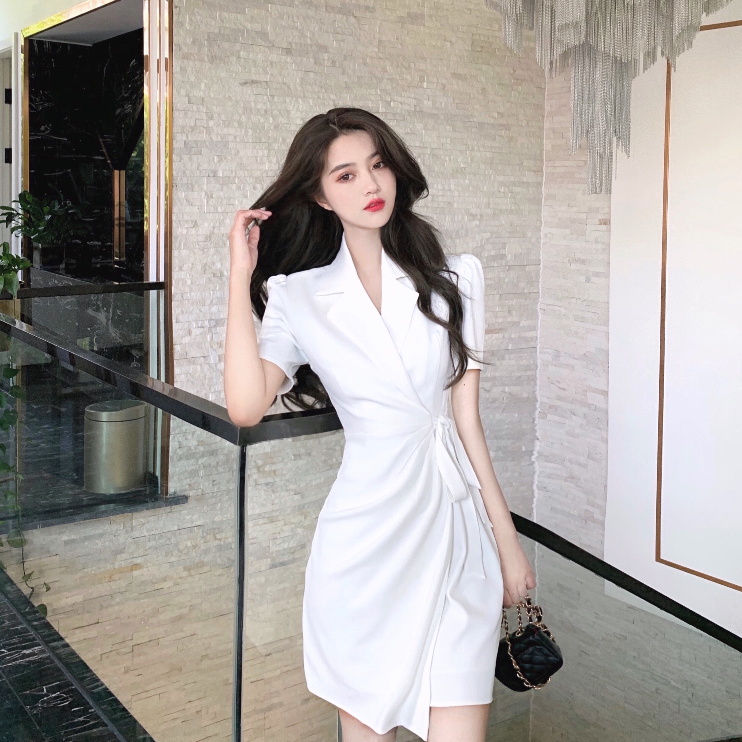 Real price real photo French bandage suit collar short sleeve waistband show thin temperament dress woman