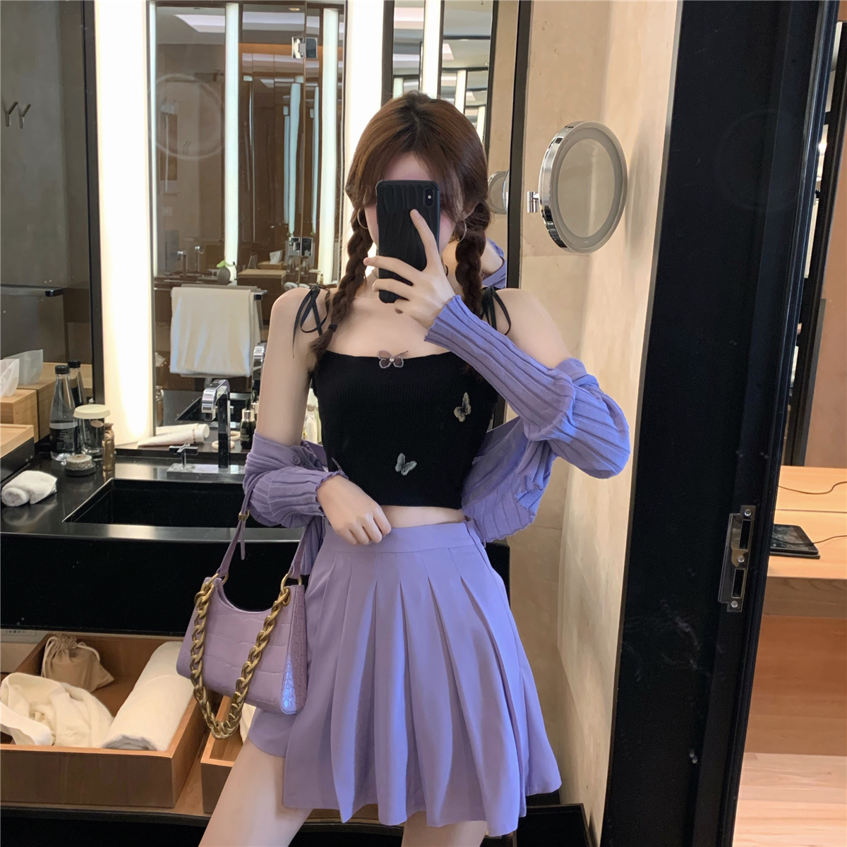 Real price real shot butterfly Sling Dress + high waist A-line pleated skirt + thin knitted sunscreen shirt set