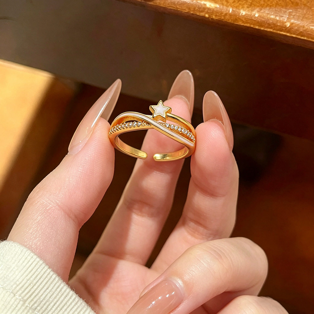 新款韩版轻奢滴油星星戒指女双排交叉镶嵌锆石指环精致设计感手饰