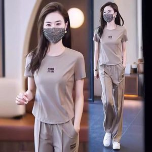 级感时尚修身休闲套装女2024夏季新款宽松阔腿裤气质显瘦两件套