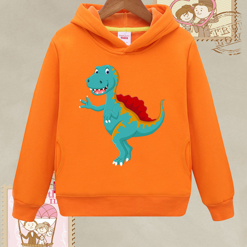 橘色桔色男童可爱恐龙卫衣服宝宝冬天中大儿童连帽加绒外套女童装