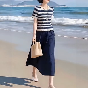 旗舰店高级感条纹针织上衣超好看半身裙两件套 素订蚕素木品牌女装