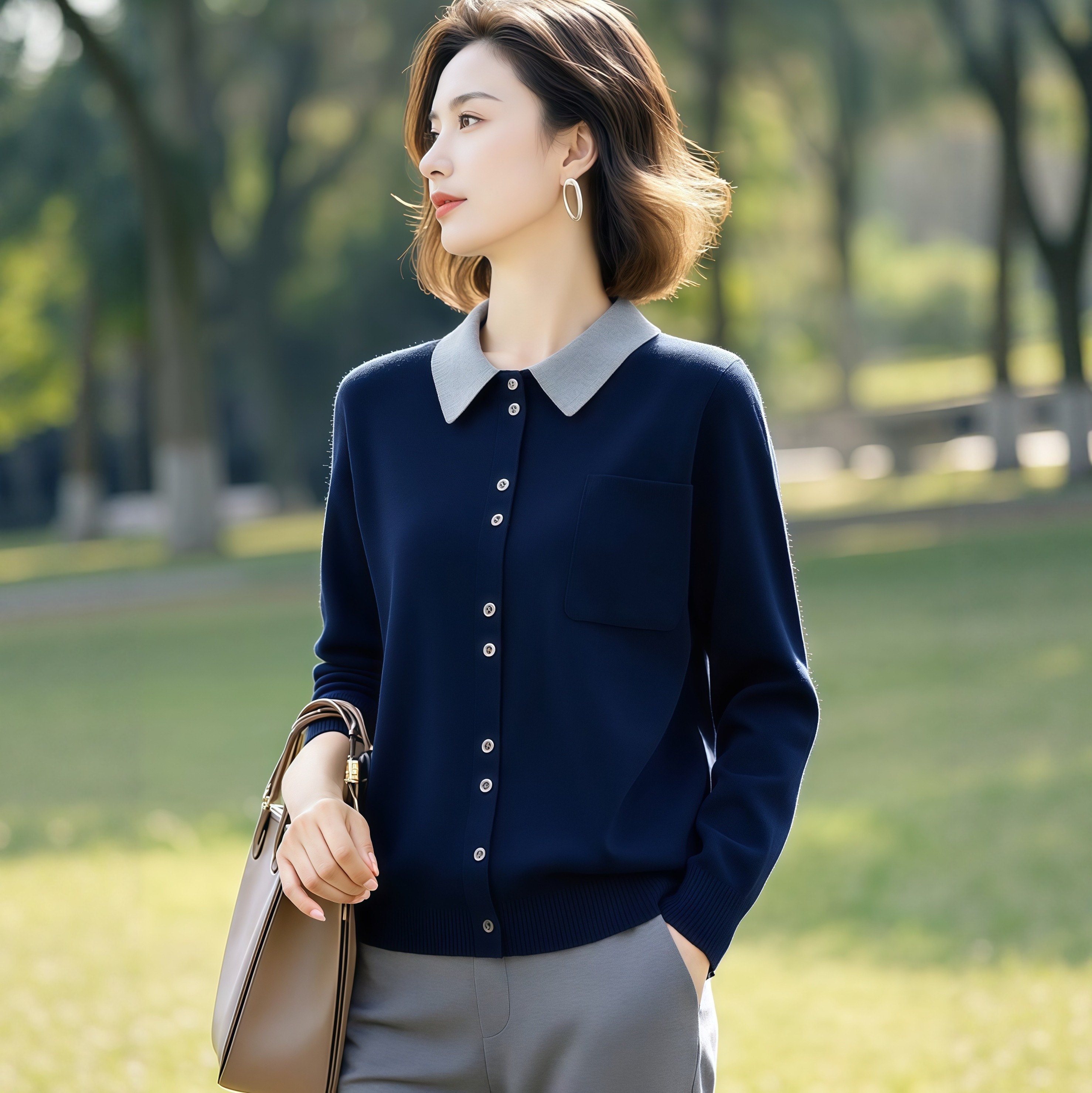 素韵订制女装原创品牌轻奢时尚气质简约翻领上衣撞色针织开衫秋季,运动/瑜伽/健身/球迷用品,广场舞上装,淘宝优惠券,粉丝福利购,淘宝优惠卷