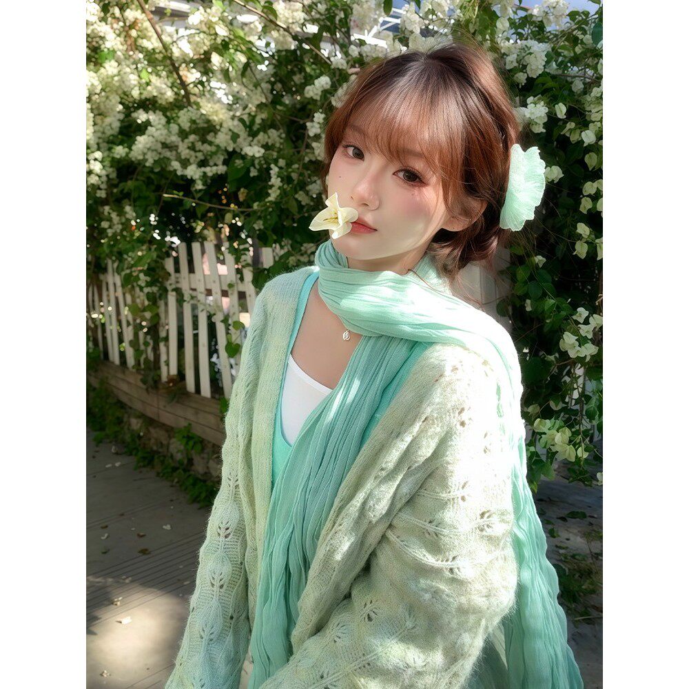 小清新薄荷绿文艺装饰丝巾女长薄透气遮阳日式春夏季围巾外搭披肩