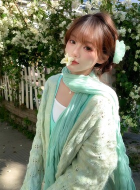 小清新薄荷绿文艺装饰丝巾女长薄透气遮阳日式春夏季围巾外搭披肩