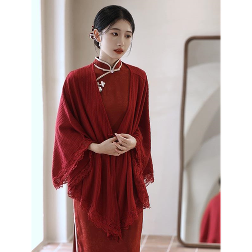 新中式红色旗袍披肩女外搭订婚结婚敬酒服新娘礼服开衫披风高级感