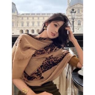 春秋老钱风美式复古金钱豹披肩女外搭时尚气质围巾高级感豹纹丝巾