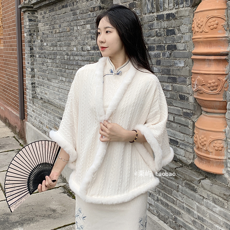 栗屿秋冬拼接复古女仿皮草披肩