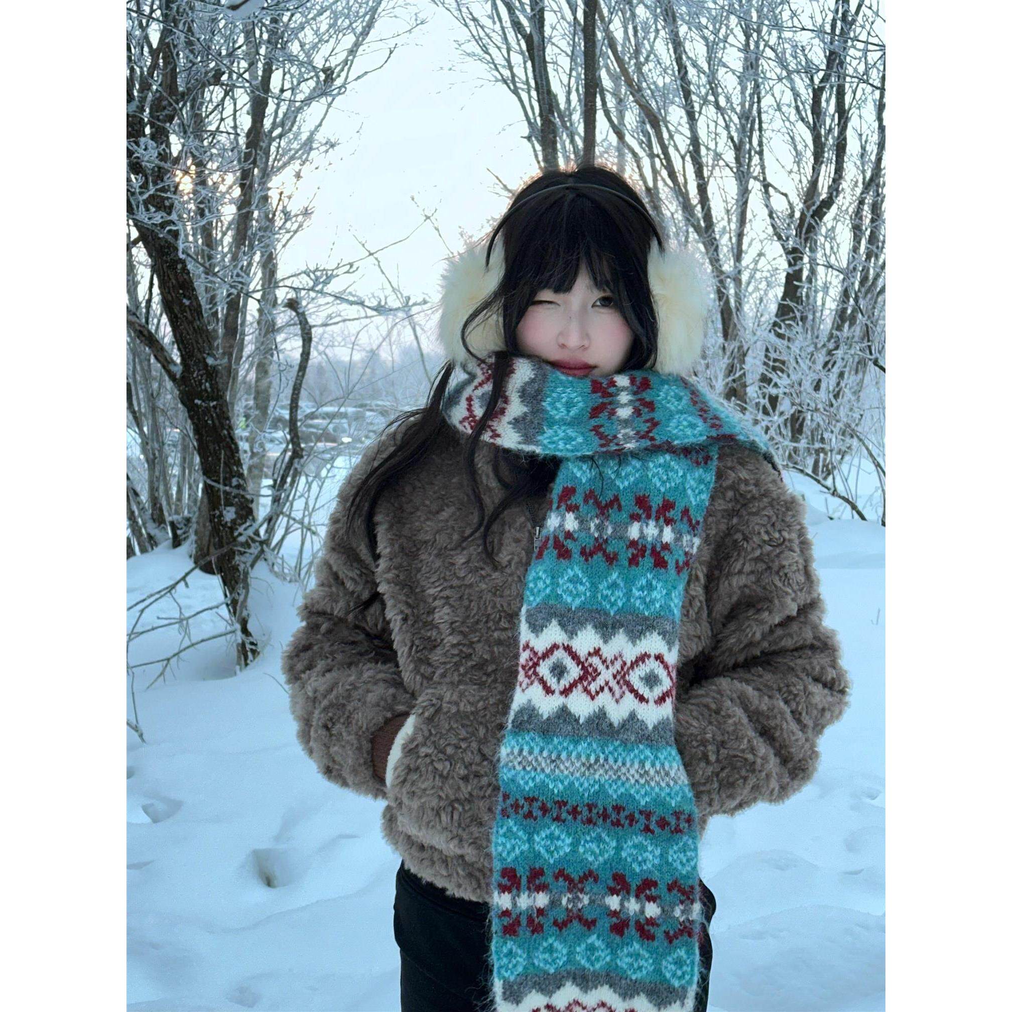 费尔岛风复古蓝色针织毛线围巾女冬季韩系雪地氛围感加厚保暖围脖