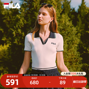 休闲撞色V领短袖 新款 时尚 POLO衫 斐乐官方女子编织衫 FILA 2025秋季