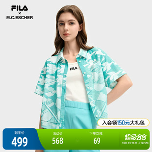FILA 斐乐官方女士针织短袖外套2025秋新款时尚休闲宽松满印衬衫