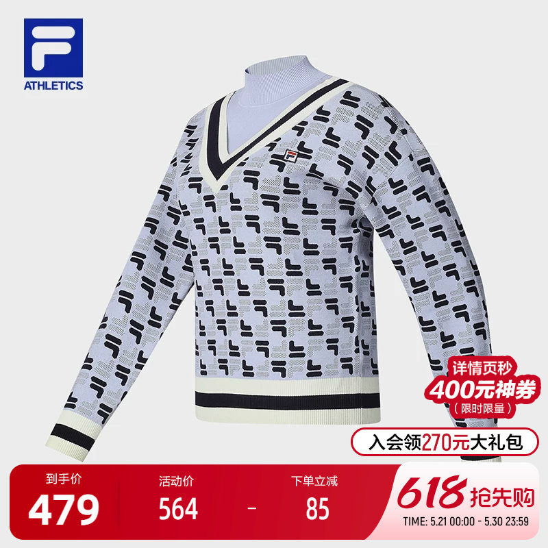 FILA 斐乐官方女子编织衫2024春季新款简约网球满印运动套头