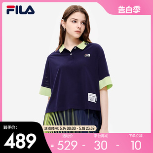 FILA MIHARA斐乐短袖 POLO女2022秋新时尚 百褶拼接宽松翻领上衣