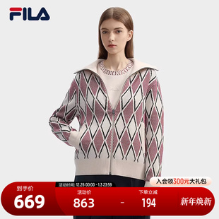 休闲几何大翻领开衫 新款 毛衣 斐乐官方女士编织外套2024冬季 FILA