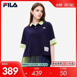 FILA MIHARA斐乐短袖 POLO女2022秋新时尚 百褶拼接宽松翻领上衣