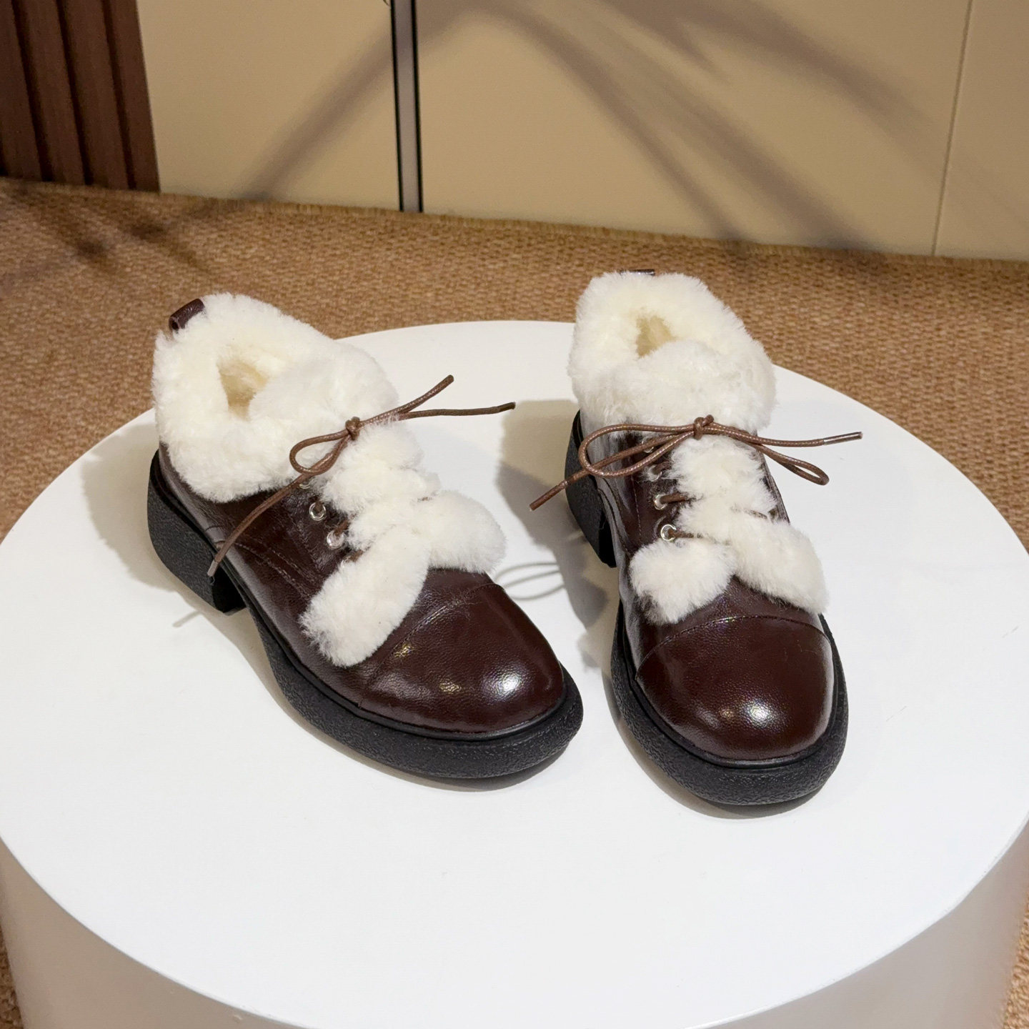 羊皮毛一体乐福鞋女冬季加绒加厚保暖毛毛鞋系带5cm厚底小皮鞋子,女鞋,乐福鞋（豆豆鞋）,淘宝优惠券,粉丝福利购,淘宝优惠卷