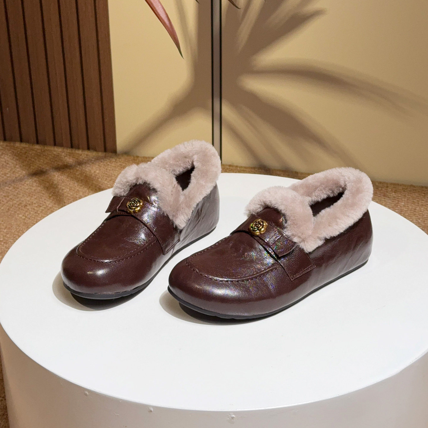 真皮厚底内增高山茶花乐福鞋女冬加绒毛毛鞋保暖一脚蹬平底豆豆鞋,女鞋,乐福鞋（豆豆鞋）,淘宝优惠券,粉丝福利购,淘宝优惠卷