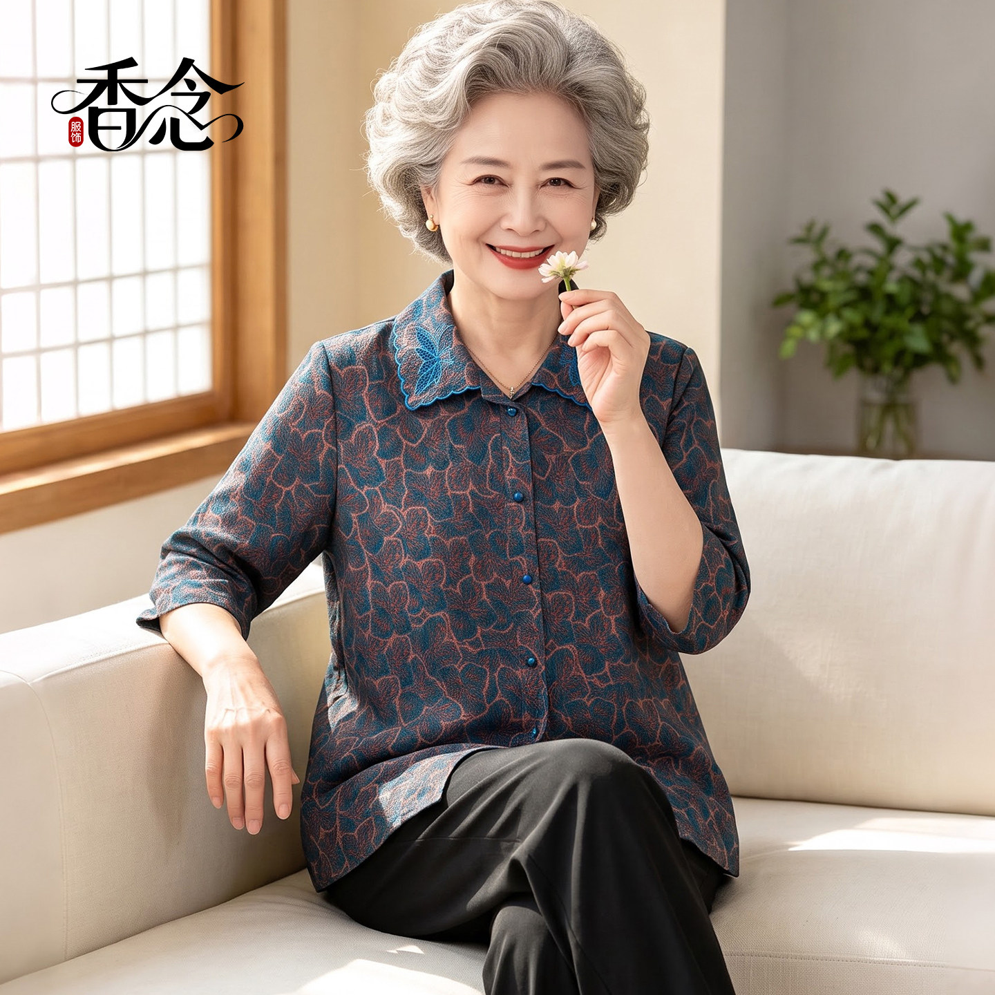 奶奶夏装衬衫女妈妈装七分袖翻领