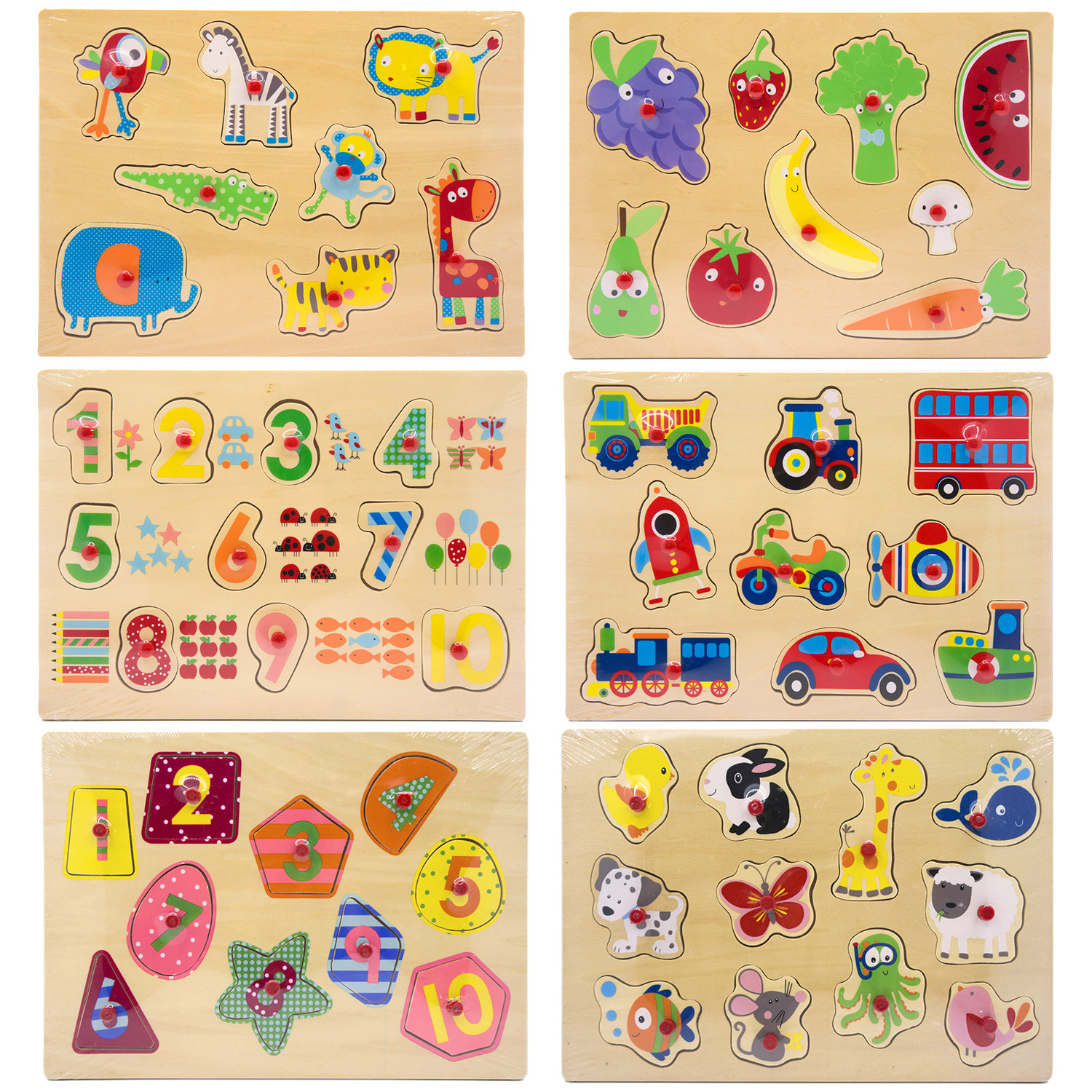 grow play动物水果数字车辆配对儿童早教认知木质拼图手抓板玩具