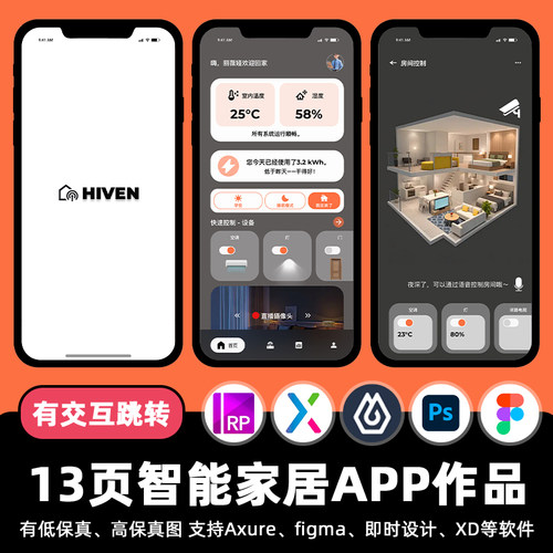 13页智能家居控制APP即时设计交互跳转Figma作业Axure原型psd素材
