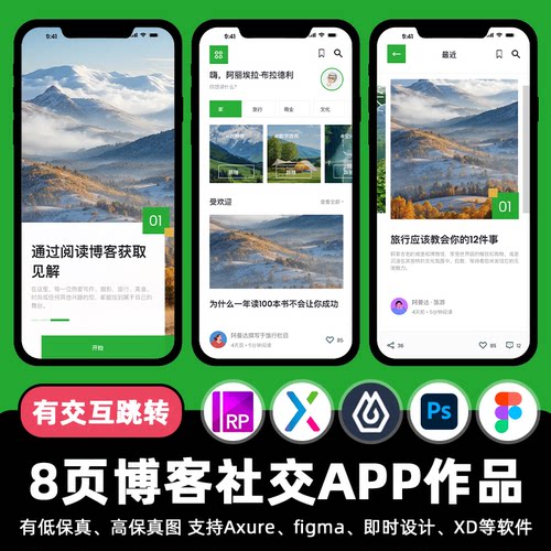 8页旅游博客社交APP即时设计交互跳转Figma作业Axure原型psd素材